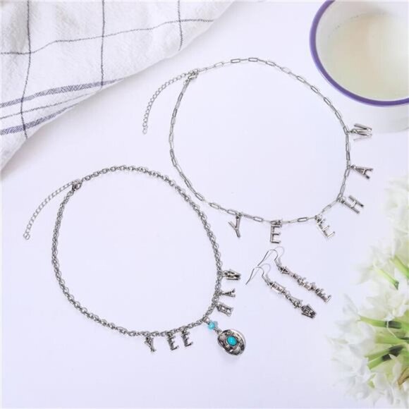 Western "Yee Haw" Turquoise Jewelry Set – Cowgirl Necklace & Earrings Rodeo - Picture 3 of 5